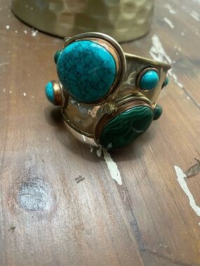 Handcrafted Turquoise & Green Stone Cuff Bracelet adjustable